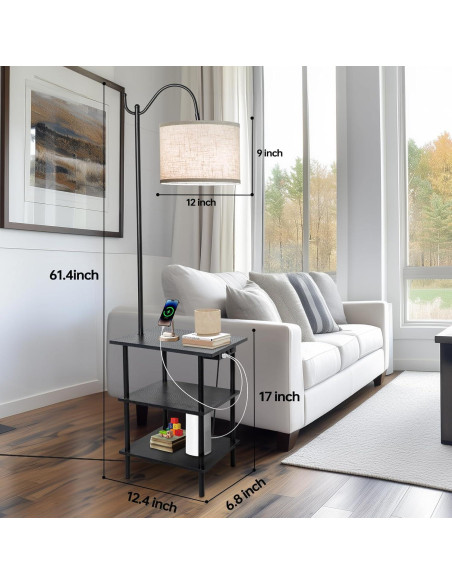 Lámpara de Pie EOEYYOYB con Estantes y Carga USB, Negra