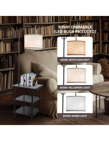 Lámpara de Pie EOEYYOYB con Estantes y Carga USB, Negra