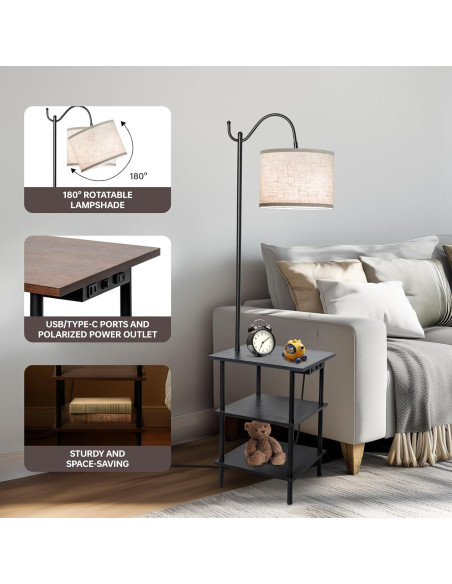Lámpara de Pie EOEYYOYB con Estantes y Carga USB, Negra