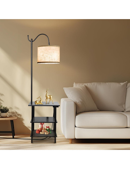 Lámpara de Pie EOEYYOYB con Estantes y Carga USB, Negra