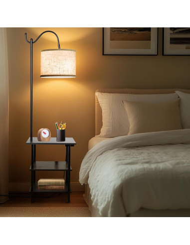 Lámpara de Pie EOEYYOYB con Estantes y Carga USB, Negra