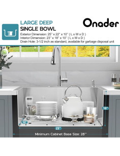 Fregadero empotrado Onader 25x22x10 cm acero inoxidable 16 ga 2