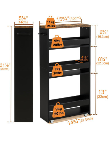 Carrito de Almacenamiento Delgado TEAMIX 4 Niveles Negro 39.37x13.97 cm