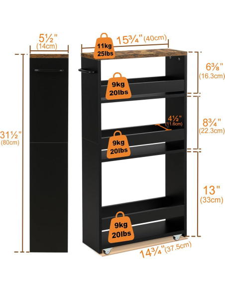 Carrito de Almacenamiento Delgado TEAMIX 4 Niveles Negro 39.37x13.97 cm