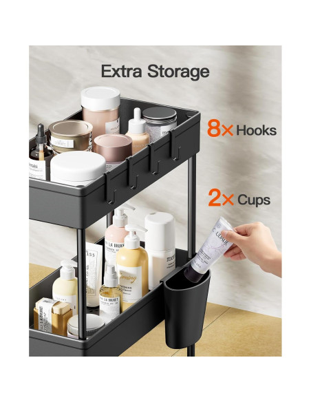 Carro de Baño Pipishell 2 Niveles Negro Organizador Rodante