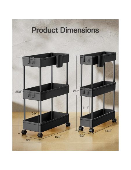 Carro de Baño Pipishell 2 Niveles Negro Organizador Rodante