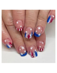 24 Uñas Falsas Patrióticas RIICFDD 4 de Julio Cortas