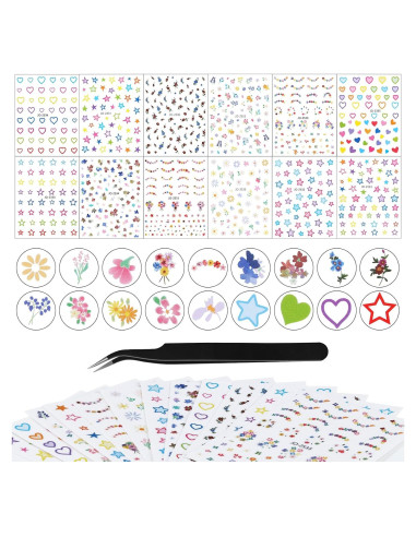 12 Hojas de Pegatinas de Uñas Kikonoke Florales y Kawaii