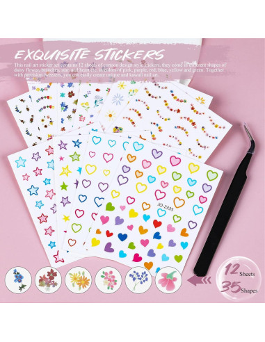 12 Hojas de Pegatinas de Uñas Kikonoke Florales y Kawaii