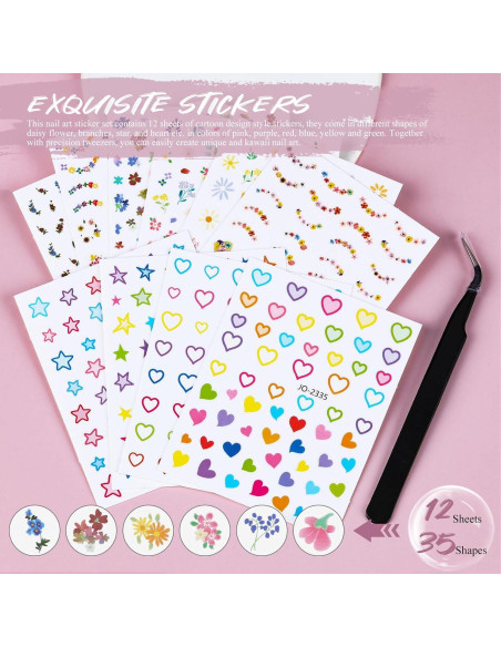 12 Hojas de Pegatinas de Uñas Kikonoke Florales y Kawaii