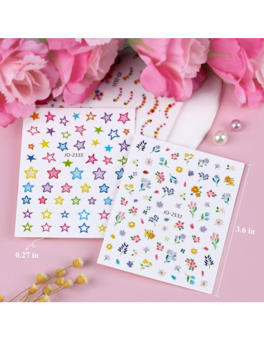 12 Hojas de Pegatinas de Uñas Kikonoke Florales y Kawaii