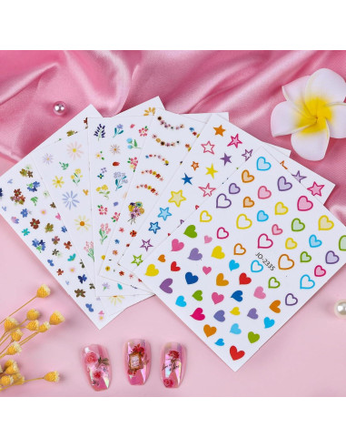 12 Hojas de Pegatinas de Uñas Kikonoke Florales y Kawaii