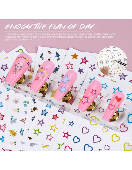 12 Hojas de Pegatinas de Uñas Kikonoke Florales y Kawaii