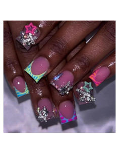 Kit de Uñas Postizas Cortas YEFIUO 24 Pcs Acrílicas con Brillo