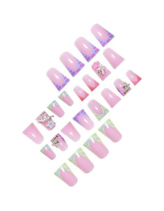 Kit de Uñas Postizas Cortas YEFIUO 24 Pcs Acrílicas con Brillo 2