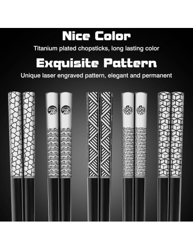 Juego de Palillos de Acero Inoxidable TIICOO - 5 Pares Antideslizantes 23.5 cm