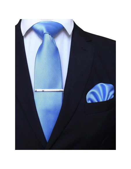 Conjunto de corbata azul bebé + pañuelo + clip para hombres