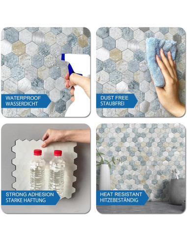 Azulejos Hexagonales Autoadhesivos MOFIT 5 Hojas Azul Verde Gris