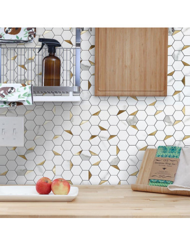 DICOFUN Azulejos Hexagonales Autoadhesivos 10 Hojas PVC Mármol Blanco