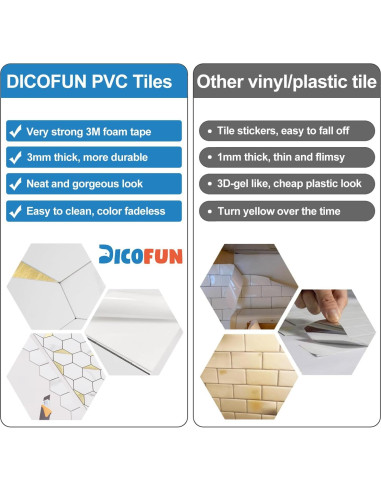 DICOFUN Azulejos Hexagonales Autoadhesivos 10 Hojas PVC Mármol Blanco