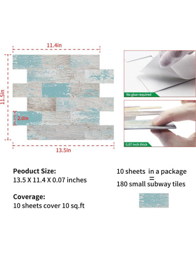 Azulejo Autoadhesivo DEWOO Turquesa 10 Hojas 34.3x29 cm