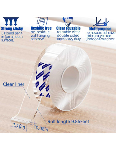 Cinta Adhesiva Doble Cara ZMUAXUAN 3m Reutilizable Transparente