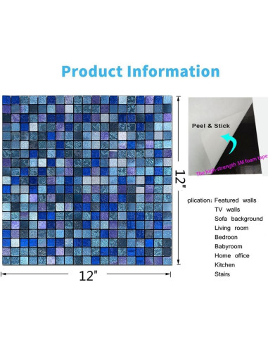Azulejo Autoadhesivo YMMXGE 10 Hojas 30.48x30.48cm Azul Mezclado