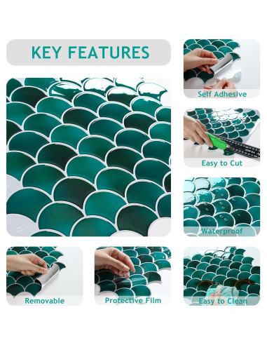 Azulejo Autoadhesivo VEELIKE Verde Escama de Pescado 6 Pzas