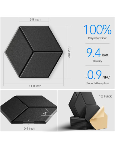 Paquete de 12 Paneles Acústicos Autoadhesivos 30.5x25.4 cm Negro