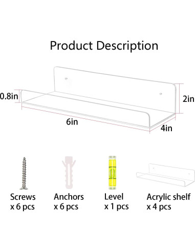 Estantes Acrílicos Flotantes TONICE 4 Pack 15.24cm Transparente