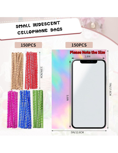 150 Bolsas de Celofán Iridiscentes 5x7 cm con Cierres