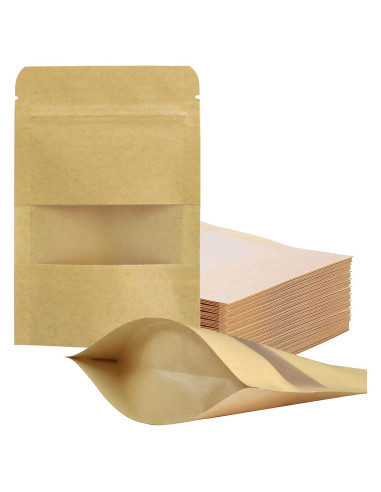 100 Bolsas Reutilizables de Papel Kraft 8.89x13.97 cm con Ventana