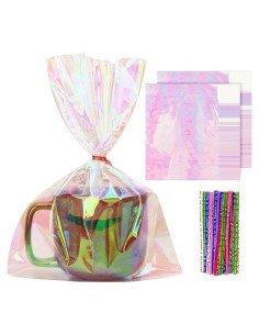 100 Bolsas Holográficas 21x28 cm con Lazos Coloridos para Regalos