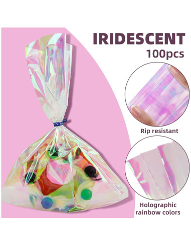 100 Bolsas Holográficas 21x28 cm con Lazos Coloridos para Regalos