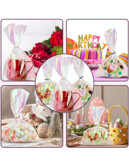 100 Bolsas Holográficas 21x28 cm con Lazos Coloridos para Regalos