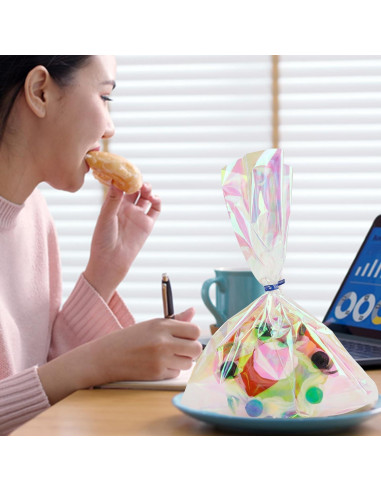 100 Bolsas Holográficas 21x28 cm con Lazos Coloridos para Regalos