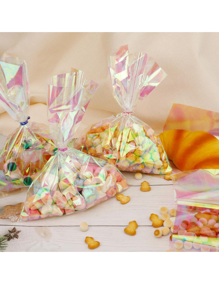 100 Bolsas Holográficas 21x28 cm con Lazos Coloridos para Regalos