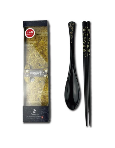 Palillos Japoneses Premium de Madera con Cuchara - Flor Dorada