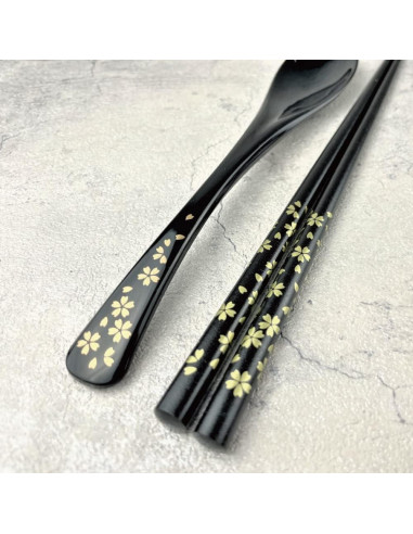 Palillos Japoneses Premium de Madera con Cuchara - Flor Dorada