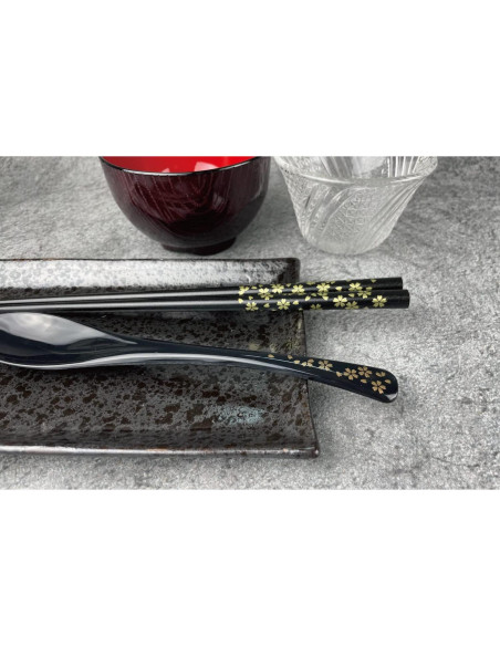 Palillos Japoneses Premium de Madera con Cuchara - Flor Dorada Palillos Japoneses Premium de Madera con Cuchara - Flor Dorada