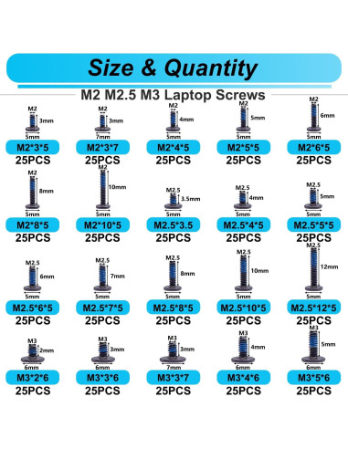 Kit de 500 Tornillos para Laptop Bemaka M2 M2.5 M3 Azul