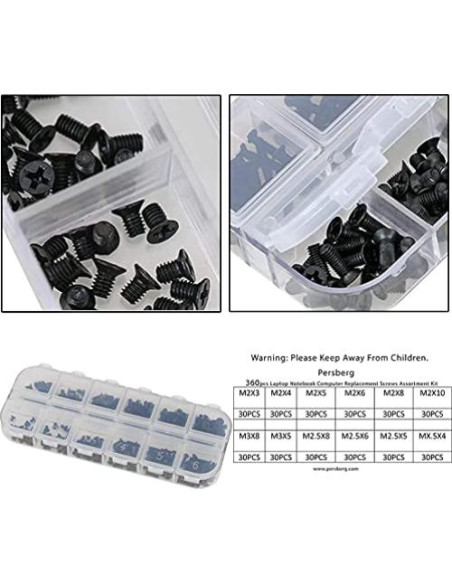 Kit de Tornillos Electrónicos Persberg 360pcs M2 M2.5 M3 Negro