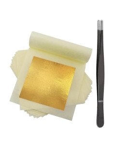 100 Hojas de Oro Comestible 24K 13.5x13.5 cm con Pinzas