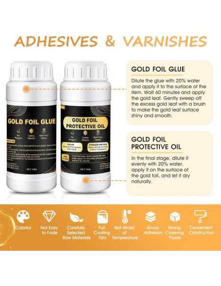 Kit de Adhesivo de Hoja de Oro Ganbaro 100ml + Barniz 100ml Kit de Adhesivo de Hoja de Oro Ganbaro 100ml + Barniz 100ml