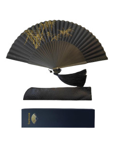 Abanico Plegable de Mano Sarkovos de Seda y Bambú 22cm Negro