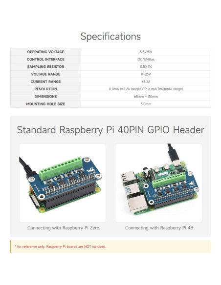 Monitor de Corriente y Voltaje HAT Waveshare para Raspberry Pi