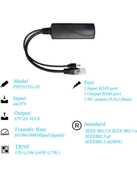 Divisor PoE REVOTECH 48V a 12V 2A Gigabit Plug & Play
