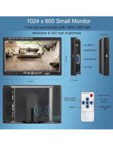Monitor portátil Yasoca 7" HD 1024x600 HDMI VGA