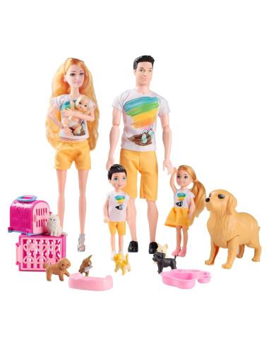 Juego de Muñecas Familiar Familydolls 6 Personajes y Mascotas