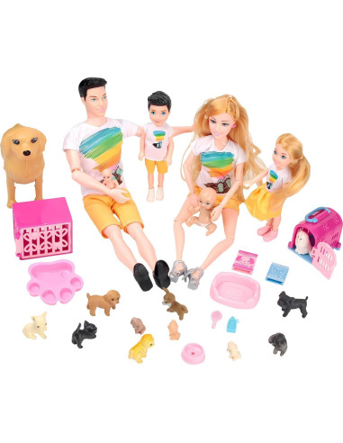Juego de Muñecas Familiar Familydolls 6 Personajes y Mascotas